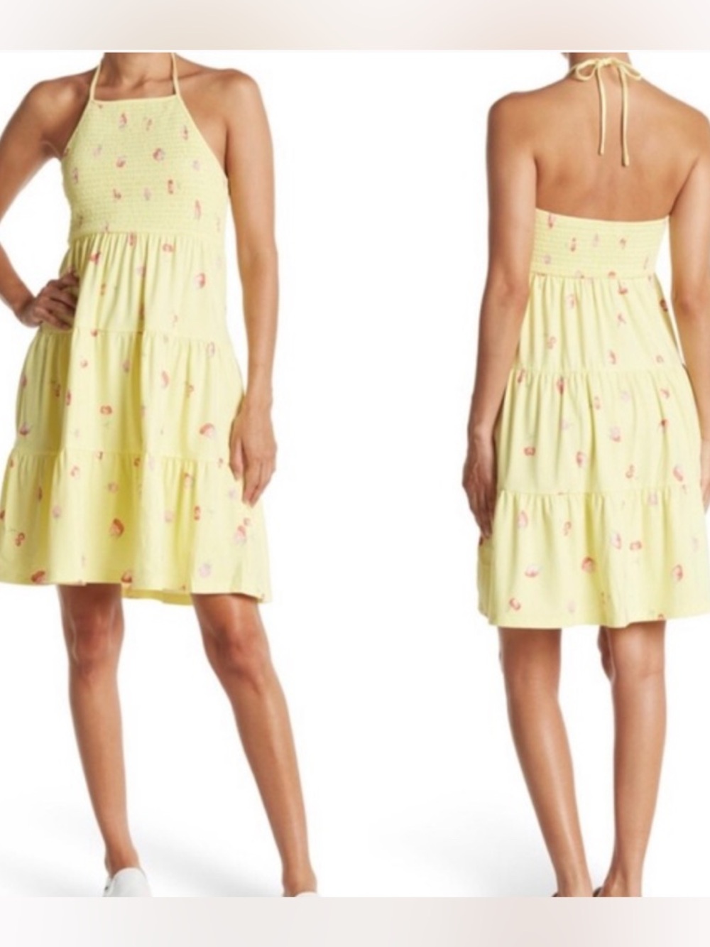 Nordstrom Abound Tiered Halter Dress in Yellow with Strawberries Smocked Back